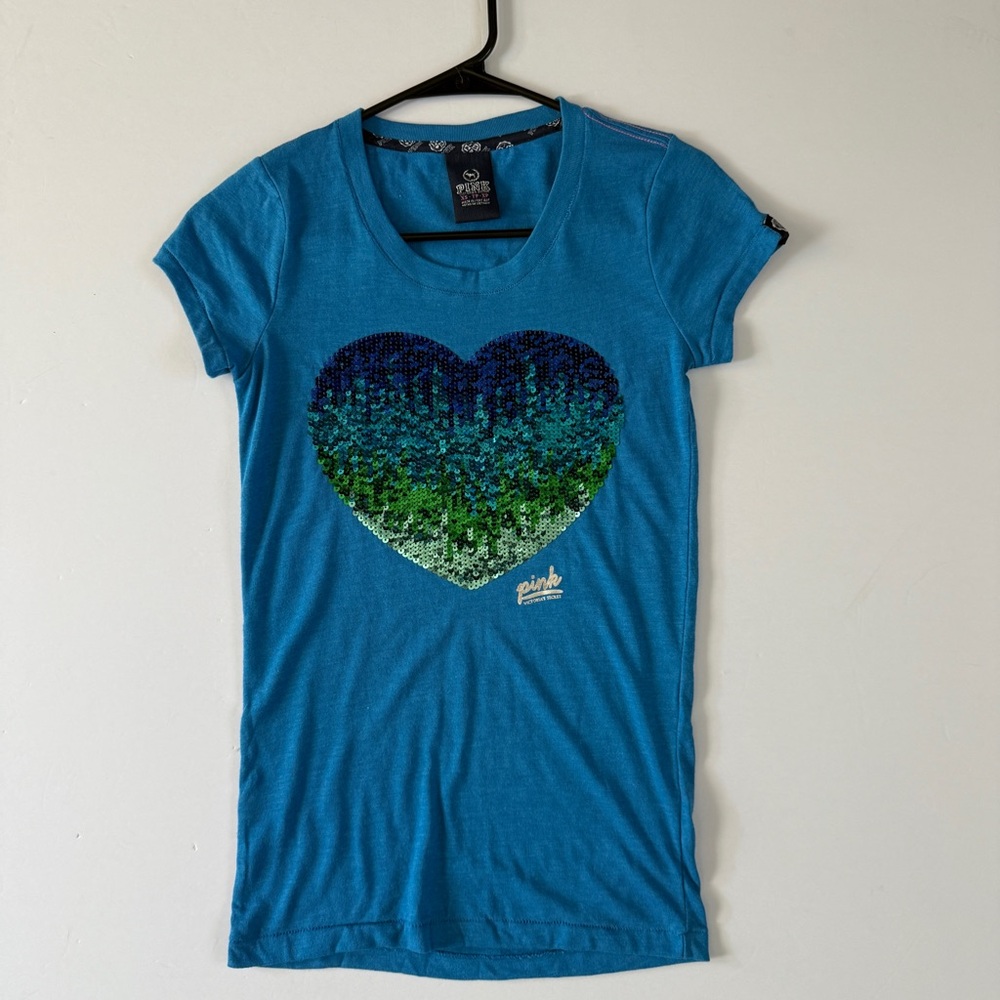 Victoria's Secret Pink Blue  Heart Love  Sequin Bling T-shirt‎ Size XS RARE